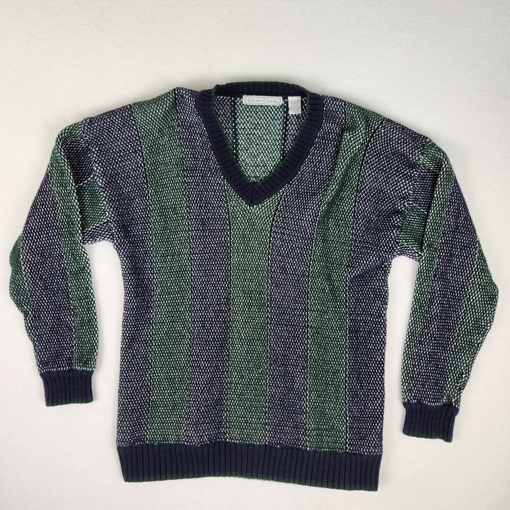 Izod Club Mens V Neck Sweater Size L Green Blue